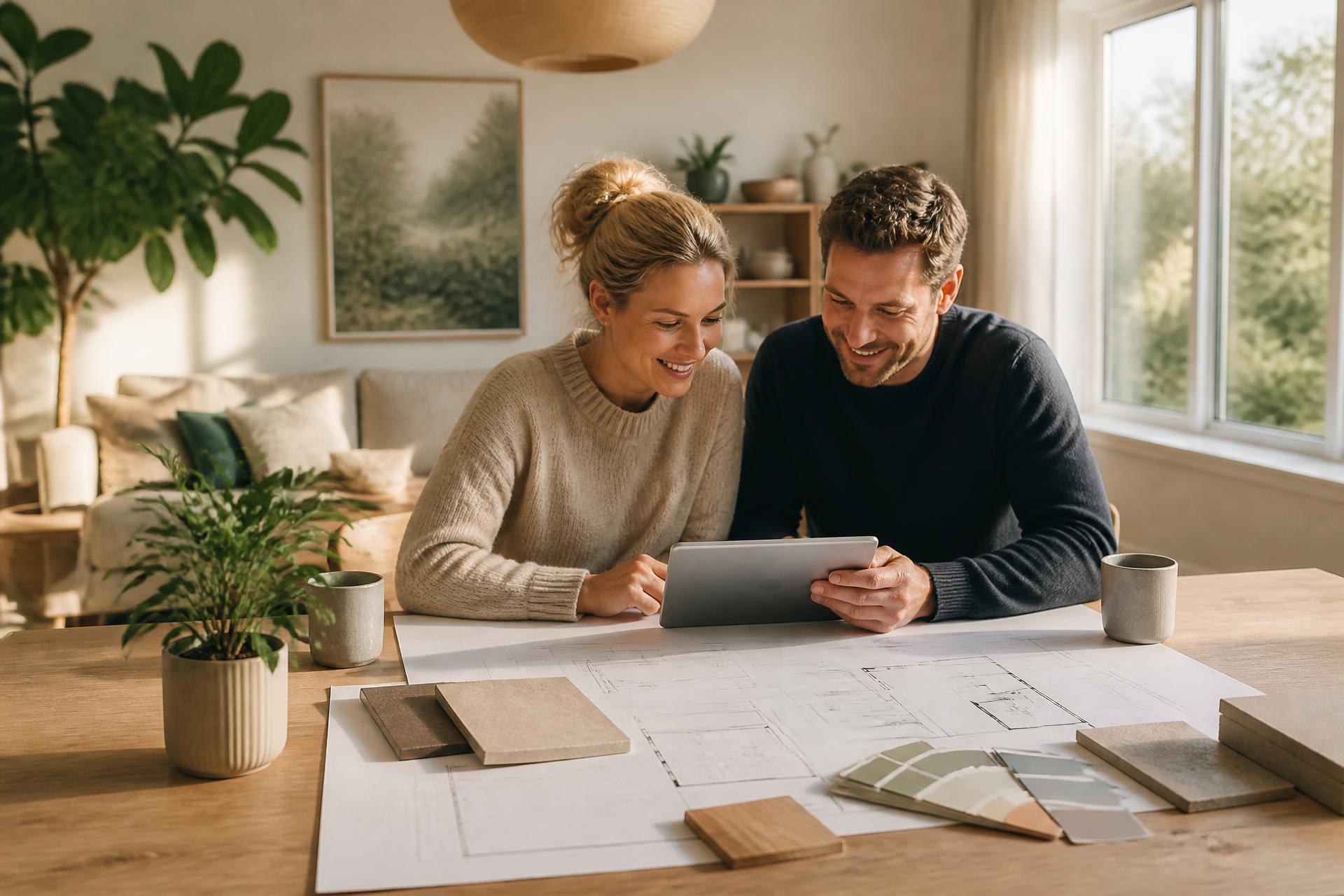 Par der planlægger deres nye hus sammen med tegninger, materialeprøver og iPad